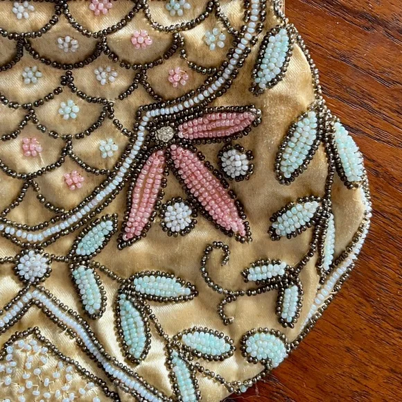Vintage Beaded Purse Satin Evening Handbag 1940s 1950s Wedding Purse France - Picture 5 of 12